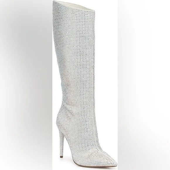 J Lo Knee High White &amp; Silver Rhinestone Boots
