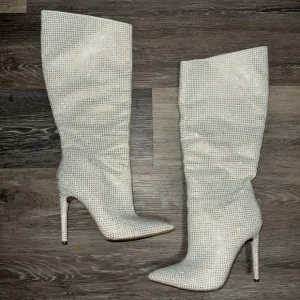 J Lo Knee High White &amp; Silver Rhinestone Boots