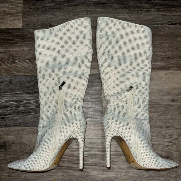 J Lo Knee High White &amp; Silver Rhinestone Boots