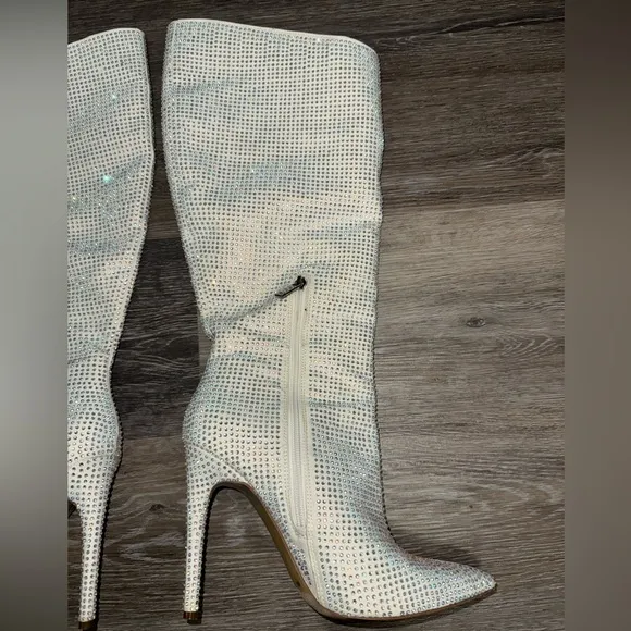 J Lo Knee High White &amp; Silver Rhinestone Boots
