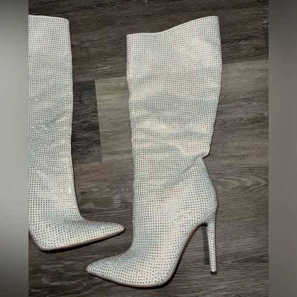 J Lo Knee High White &amp; Silver Rhinestone Boots