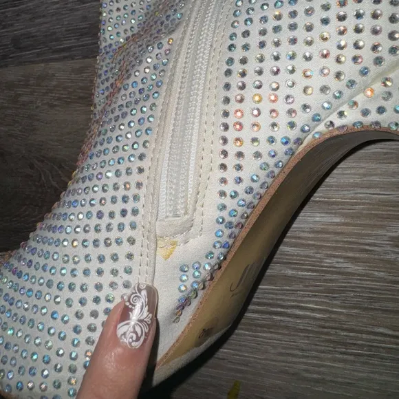 J Lo Knee High White &amp; Silver Rhinestone Boots