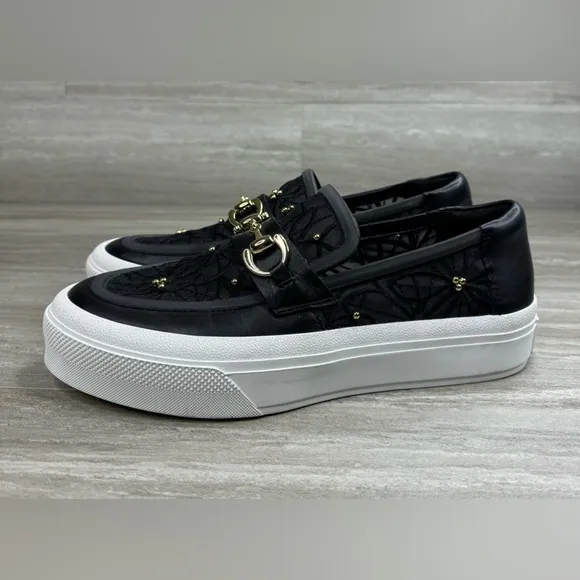 J Slides Platform George’s Lace &amp; Leather Slip On Horse Bit Loafer  Womens 7.5