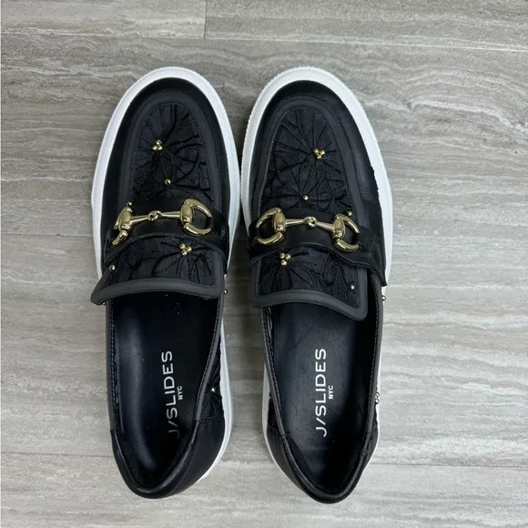 J Slides Platform George’s Lace &amp; Leather Slip On Horse Bit Loafer  Womens 7.5