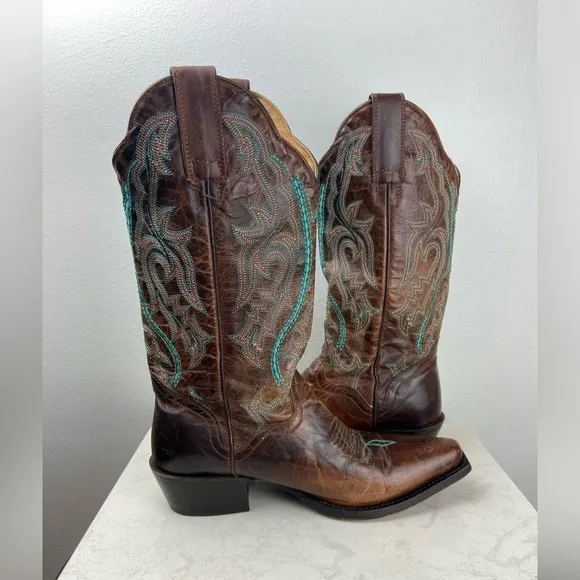 J.B. Dillon Embroidered Turquoise Cowgirl Genuine Goat Leather Cowboy Boots 5.5B