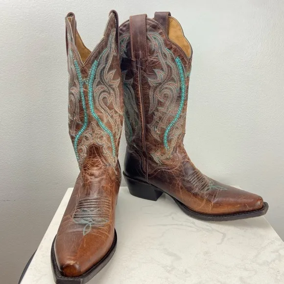 J.B. Dillon Embroidered Turquoise Cowgirl Genuine Goat Leather Cowboy Boots 5.5B