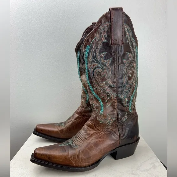 J.B. Dillon Embroidered Turquoise Cowgirl Genuine Goat Leather Cowboy Boots 5.5B