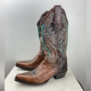 J.B. Dillon Embroidered Turquoise Cowgirl Genuine Goat Leather Cowboy Boots 5.5B