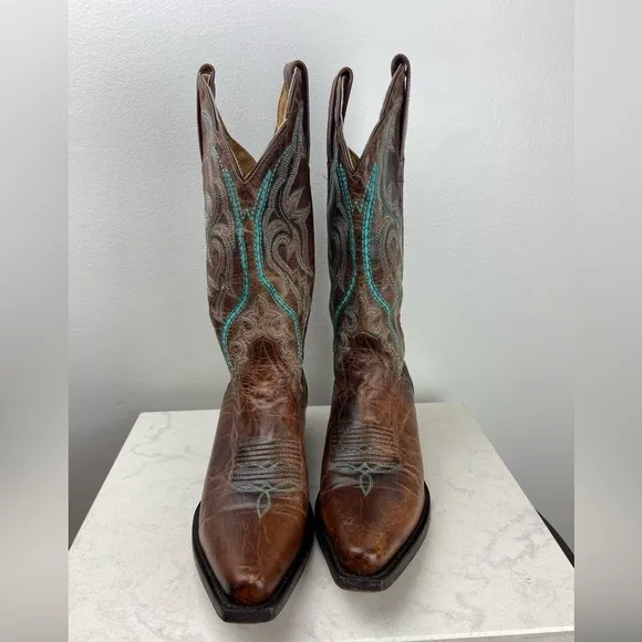 J.B. Dillon Embroidered Turquoise Cowgirl Genuine Goat Leather Cowboy Boots 5.5B
