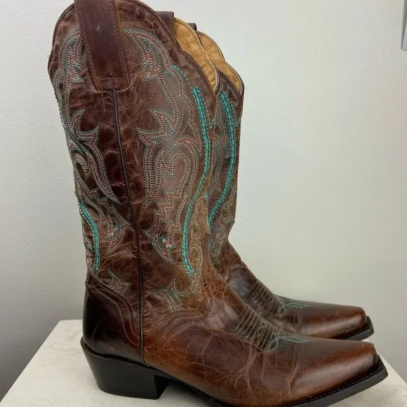 J.B. Dillon Embroidered Turquoise Cowgirl Genuine Goat Leather Cowboy Boots 5.5B