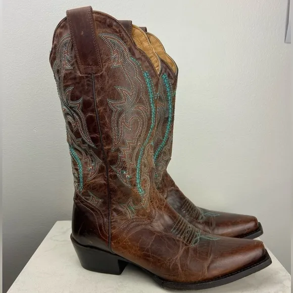J.B. Dillon Embroidered Turquoise Cowgirl Genuine Goat Leather Cowboy Boots 5.5B