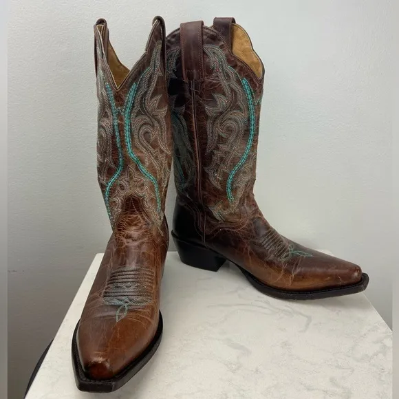 J.B. Dillon Embroidered Turquoise Cowgirl Genuine Goat Leather Cowboy Boots 5.5B
