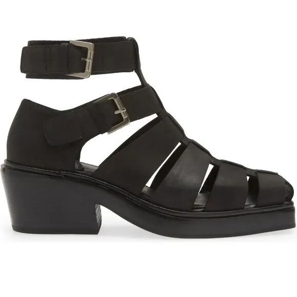 JEFFREY CAMPBELL Elective Fisherman Sandals Size 8 Black Crazy Horse Leather NEW