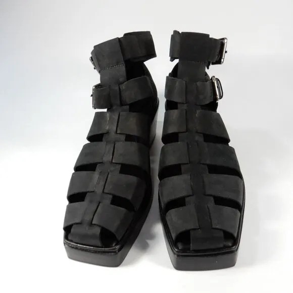 JEFFREY CAMPBELL Elective Fisherman Sandals Size 8 Black Crazy Horse Leather NEW