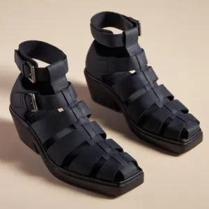 JEFFREY CAMPBELL Elective Fisherman Sandals Size 8 Black Crazy Horse Leather NEW