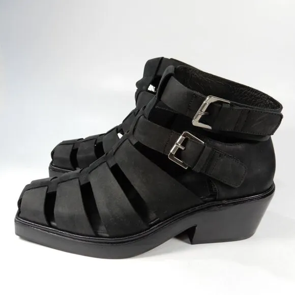 JEFFREY CAMPBELL Elective Fisherman Sandals Size 8 Black Crazy Horse Leather NEW