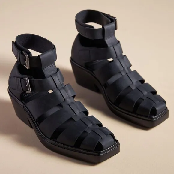 JEFFREY CAMPBELL Elective Fisherman Sandals Size 8 Black Crazy Horse Leather NEW