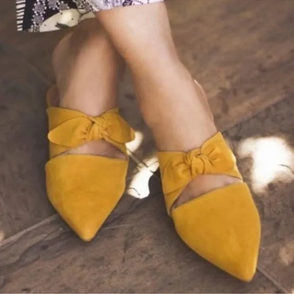 Jeffrey Campbell Genuine Leather Suede Gold Charlin Slide Slip On Bow Flats