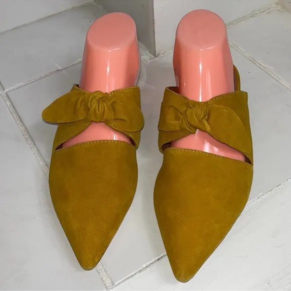 Jeffrey Campbell Genuine Leather Suede Gold Charlin Slide Slip On Bow Flats