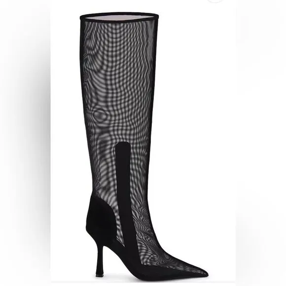 Jeffrey Campbell Revolve Peepshow Boots Black mesh suede high heels shoes 9 FLAW