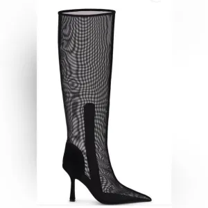 Jeffrey Campbell Revolve Peepshow Boots Black mesh suede high heels shoes 9 FLAW
