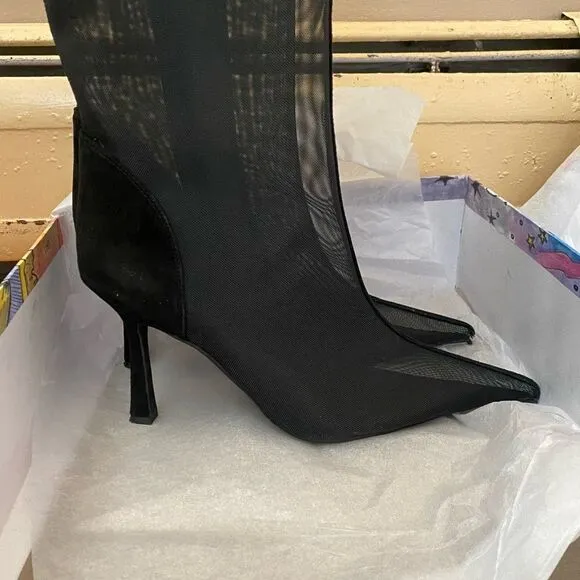 Jeffrey Campbell Revolve Peepshow Boots Black mesh suede high heels shoes 9 FLAW