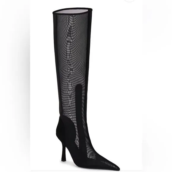 Jeffrey Campbell Revolve Peepshow Boots Black mesh suede high heels shoes 9 FLAW