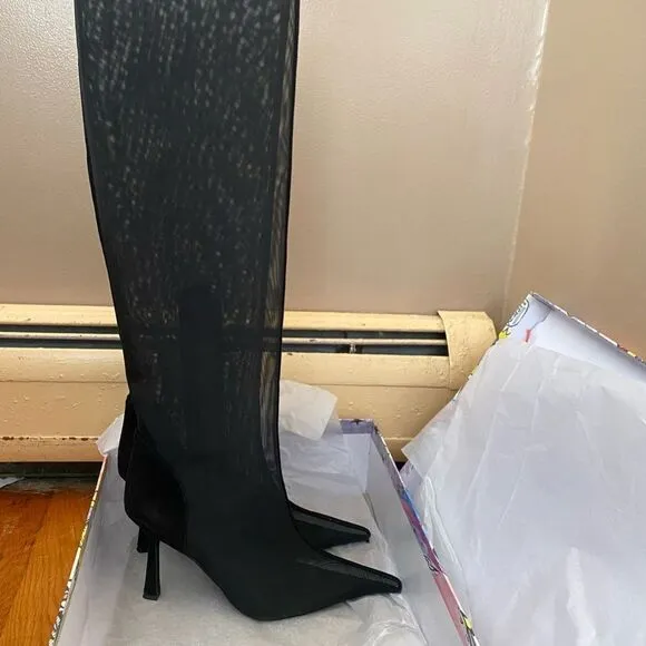 Jeffrey Campbell Revolve Peepshow Boots Black mesh suede high heels shoes 9 FLAW