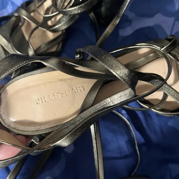 Jill Stuart gold/green leather lace up sandals 3” block heel US 8 EU 39