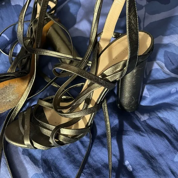 Jill Stuart gold/green leather lace up sandals 3” block heel US 8 EU 39