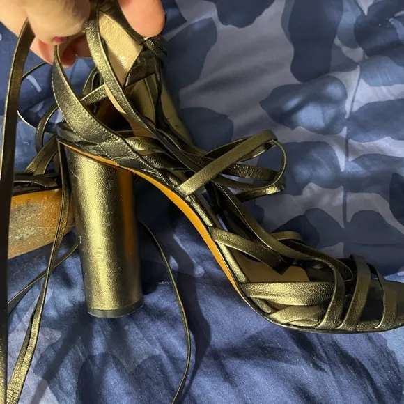 Jill Stuart gold/green leather lace up sandals 3” block heel US 8 EU 39