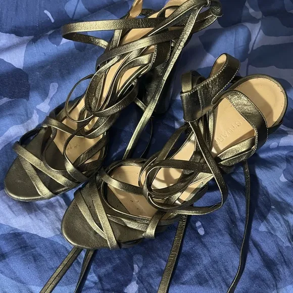 Jill Stuart gold/green leather lace up sandals 3” block heel US 8 EU 39