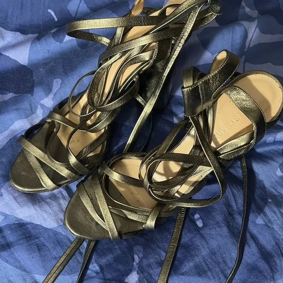 Jill Stuart gold/green leather lace up sandals 3” block heel US 8 EU 39