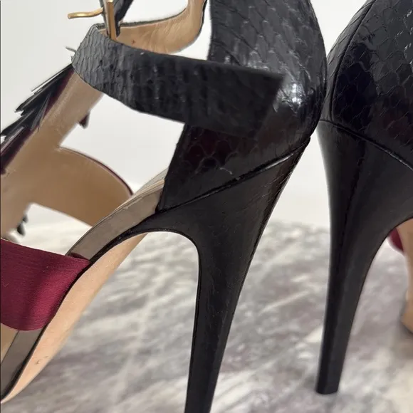 Jimmy Choo Black and Burgundy Heeled Fringe Sandals