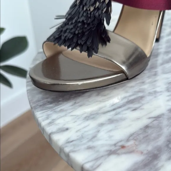 Jimmy Choo Black and Burgundy Heeled Fringe Sandals