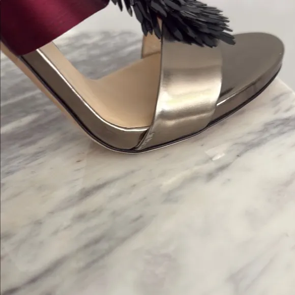Jimmy Choo Black and Burgundy Heeled Fringe Sandals