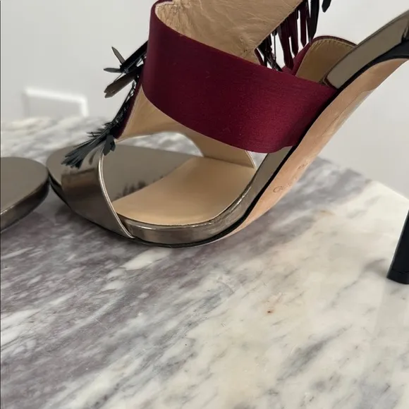 Jimmy Choo Black and Burgundy Heeled Fringe Sandals