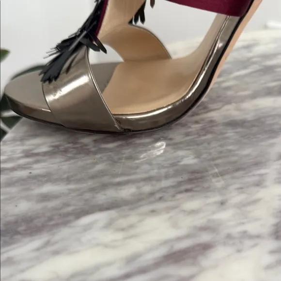 Jimmy Choo Black and Burgundy Heeled Fringe Sandals