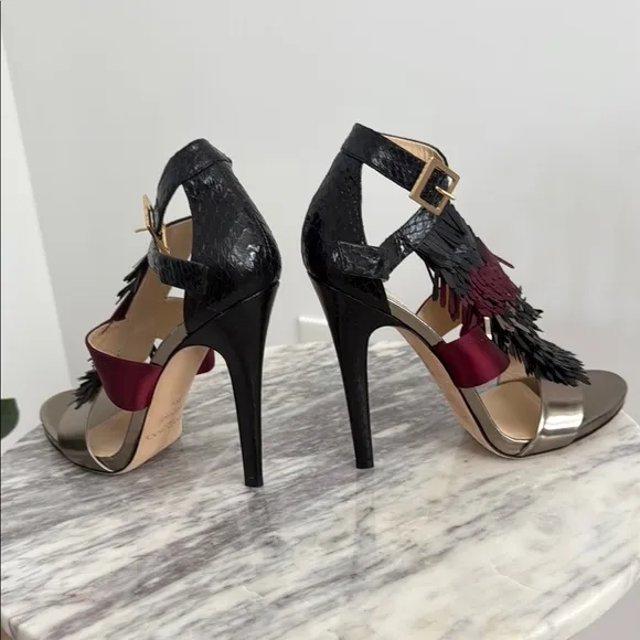 Jimmy Choo Black and Burgundy Heeled Fringe Sandals