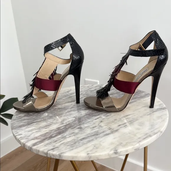 Jimmy Choo Black and Burgundy Heeled Fringe Sandals