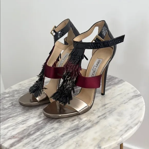 Jimmy Choo Black and Burgundy Heeled Fringe Sandals