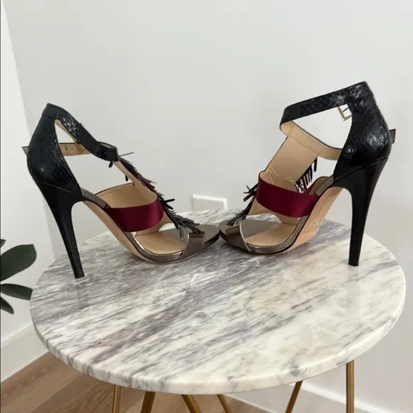 Jimmy Choo Black and Burgundy Heeled Fringe Sandals