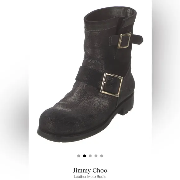 Jimmy Choo, black with a silver shimmer leather combat boots