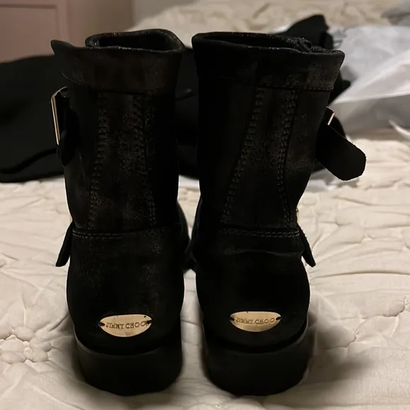 Jimmy Choo, black with a silver shimmer leather combat boots