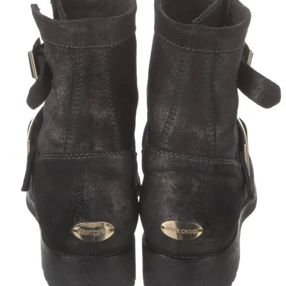 Jimmy Choo, black with a silver shimmer leather combat boots