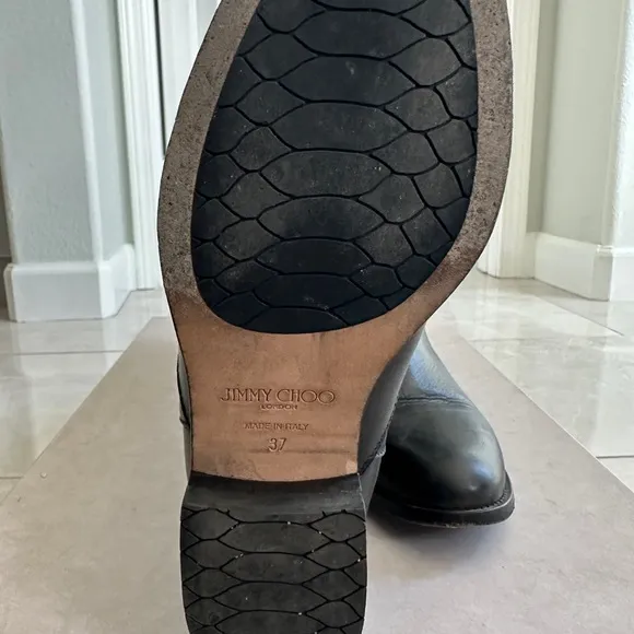 Jimmy Choo Hyson Black Leather Knee High Logo Riding Boot