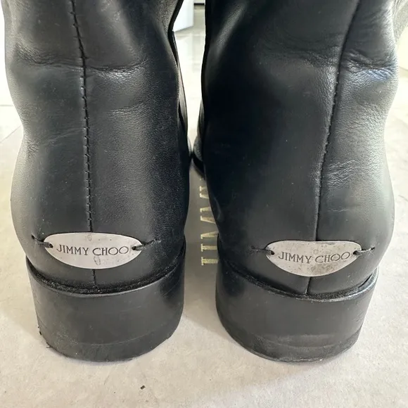 Jimmy Choo Hyson Black Leather Knee High Logo Riding Boot