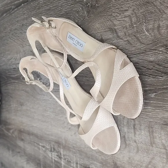 Jimmy Choo London Snakeskin Leather Flat Gladiator Sandals Creamy Tan Nude