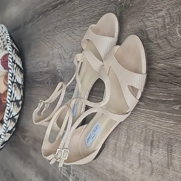 Jimmy Choo London Snakeskin Leather Flat Gladiator Sandals Creamy Tan Nude