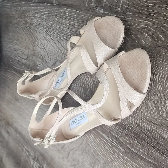 Jimmy Choo London Snakeskin Leather Flat Gladiator Sandals Creamy Tan Nude